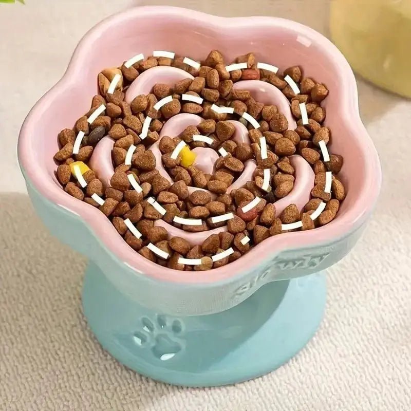 Image d’une gamelle anti glouton surélevée en céramique pour chien en forme de fleur