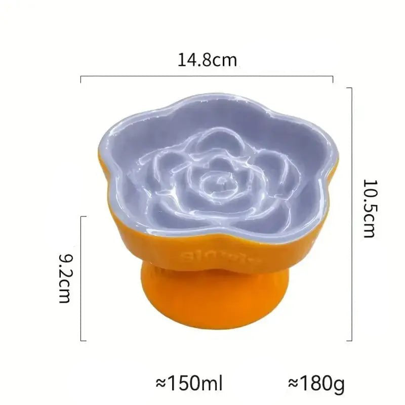 Gamelle surélevée fleur anti glouton en céramique pour chien, orange et gris