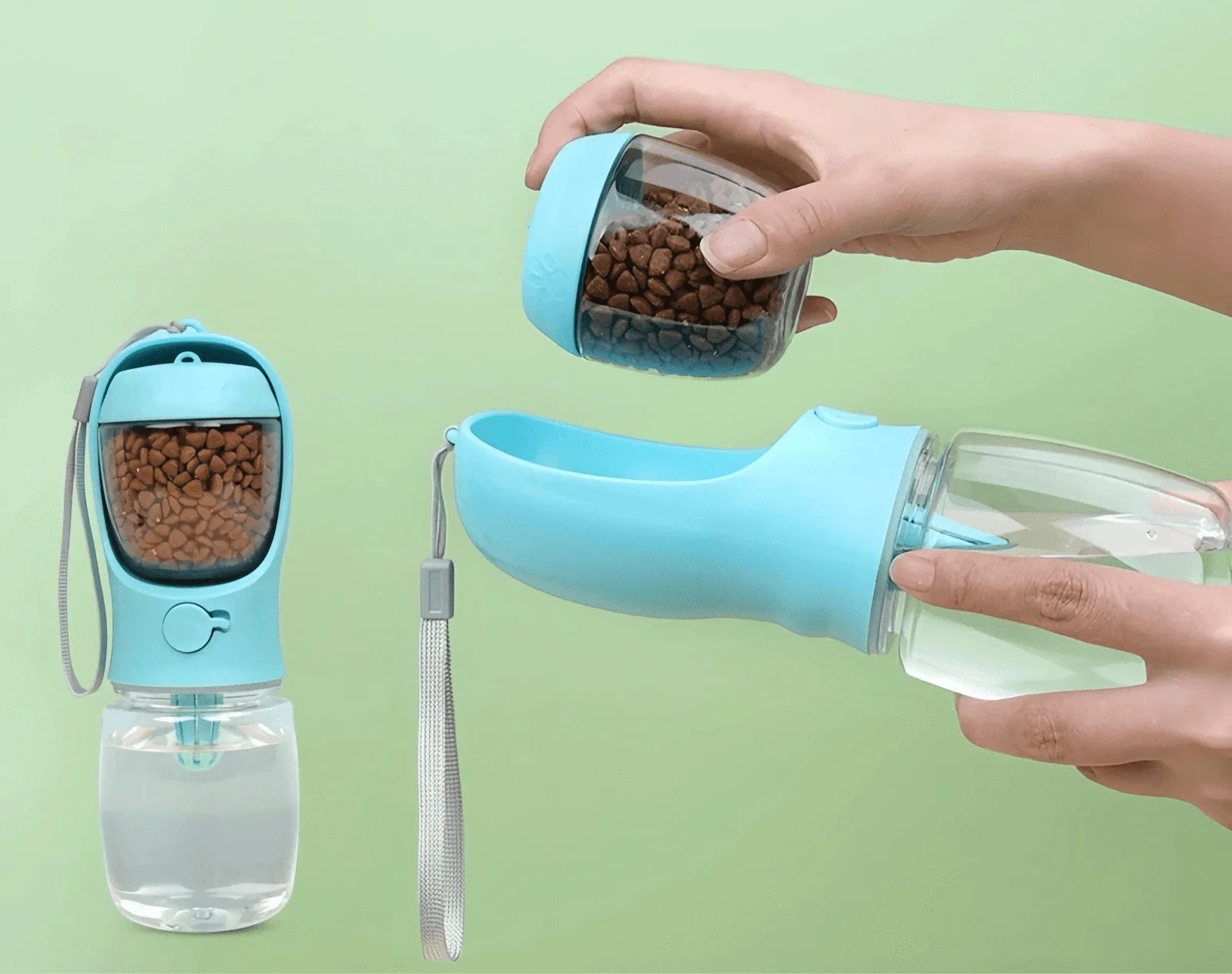 Dispenser portable pour animal avec bouteille d’eau et compartiment à croquettes