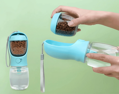Dispenser portable pour animal avec bouteille d’eau et compartiment à croquettes