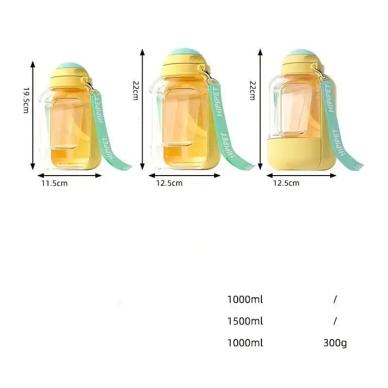 Image d’une gourde pour chien 2 en 1 avec compartiment croquettes, dimensions et capacité
