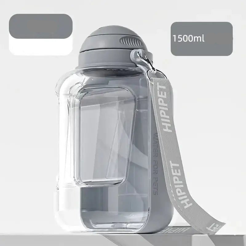 Gourde pour chien 2 en 1 avec bouteille eau et croquettes, porte-emballage gris