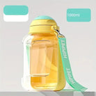 Bouteille de voyage 2 en 1 pour chien en jaune et clair avec sangle vert menthe