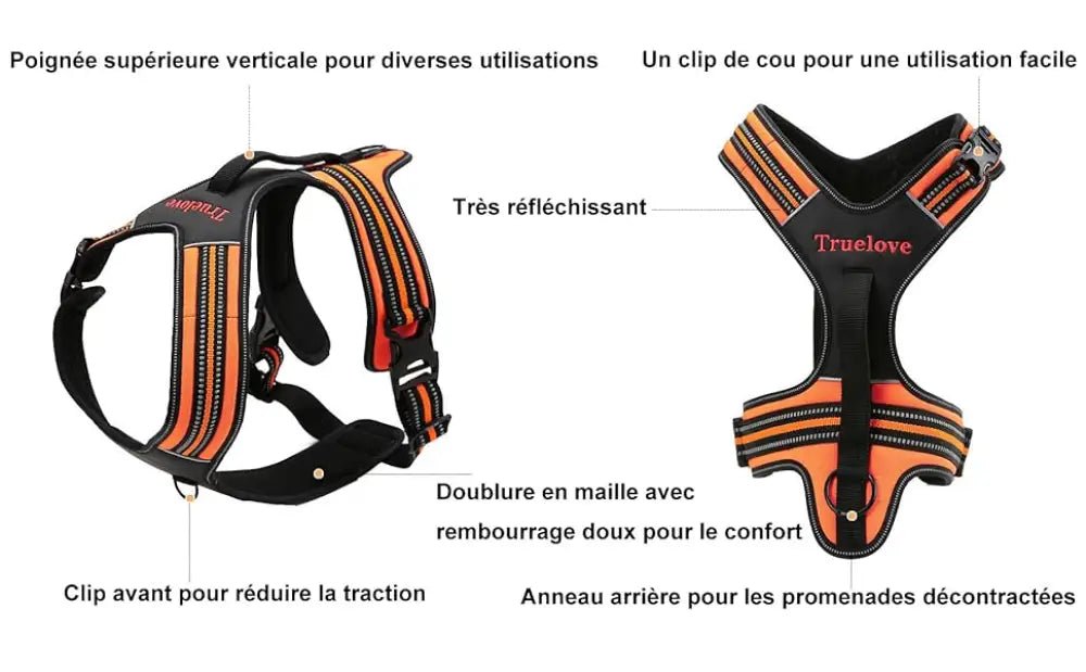 Harnais anti traction Truelove Forest avec poignée intégrée et bandes réfléchissantes