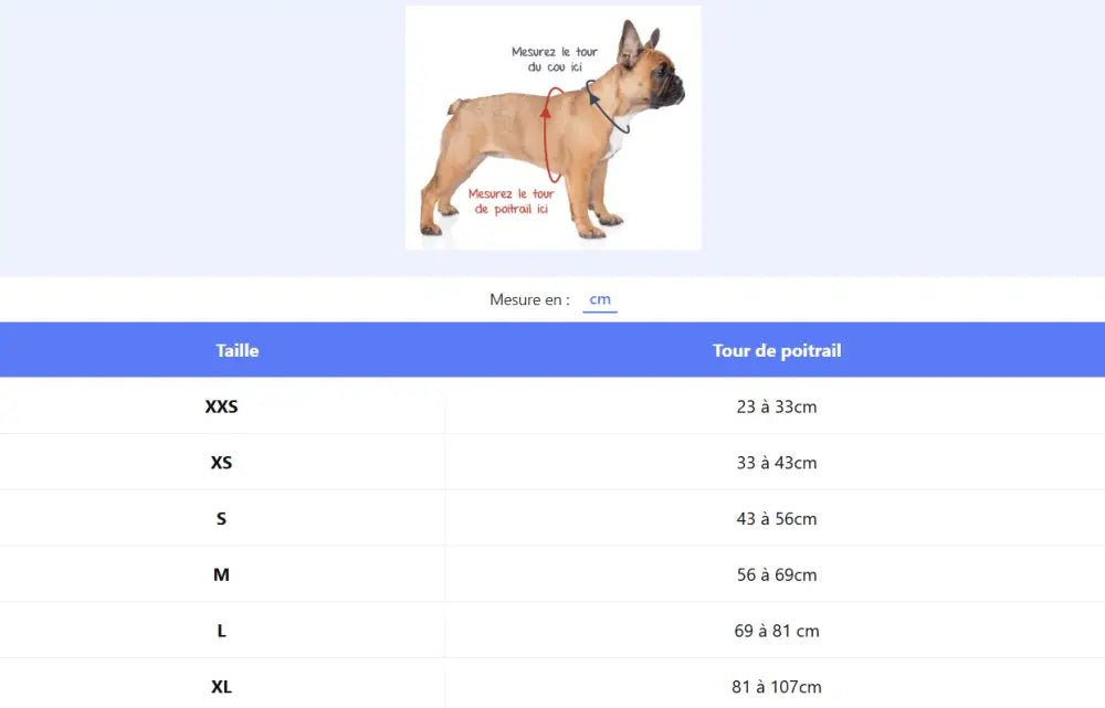 Guide de taille pour harnais anti traction Winhyepet Redrock pour chien
