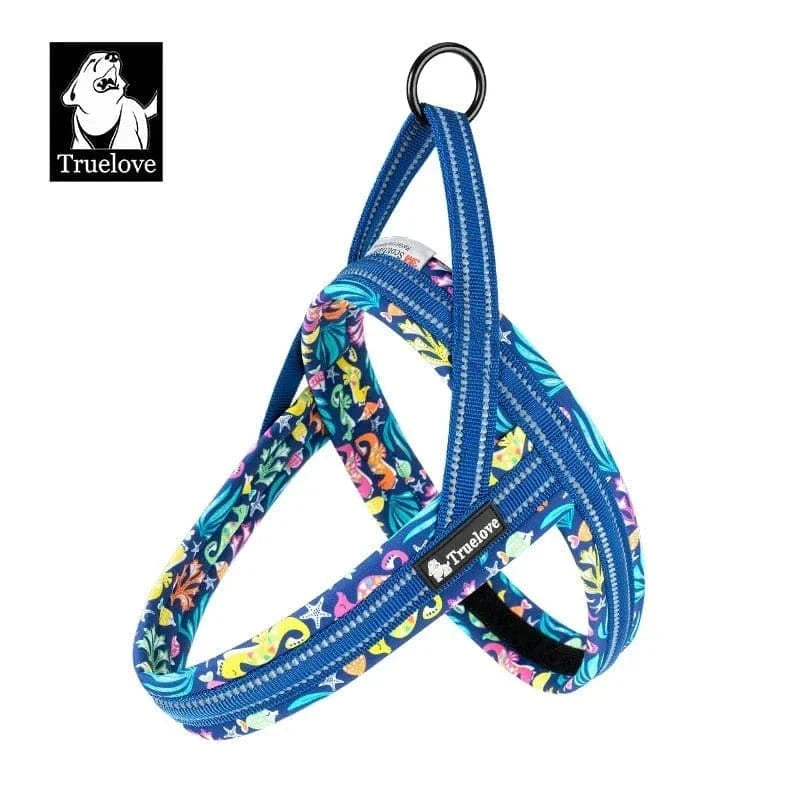 Harnais floral Truelove Mesh facile à enfiler pour chien bleu avec motif créatures marines