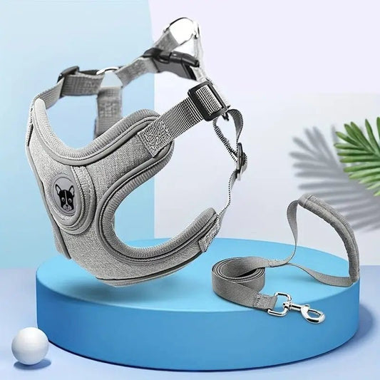 Harnais Réfléchissant Confort + Laisse 1,5 Mètre - Gris - XS