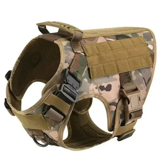 Harnais tactique pour chien avec poignée de contrôle en camouflage, robuste et ajustable