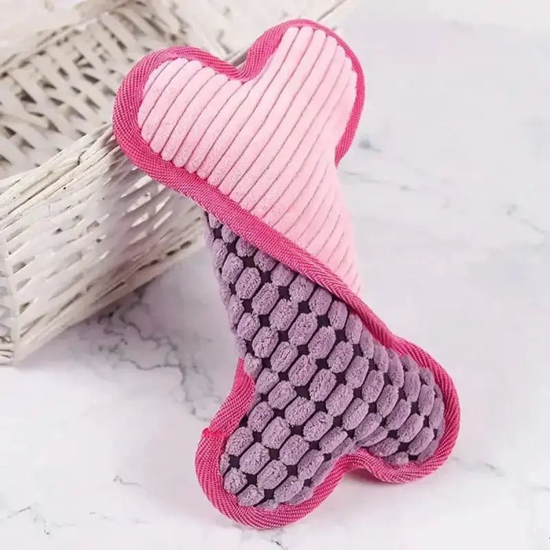 Os en peluche pour chien rose et violet avec couineur intégré, jouet réconfortant pour chien