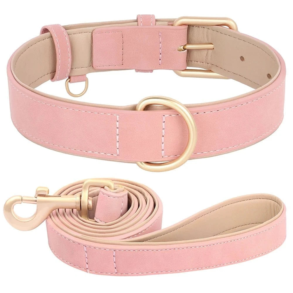 Kit collier + laisse en peau de cuir 1,2 mètre - Kit rose un - S
