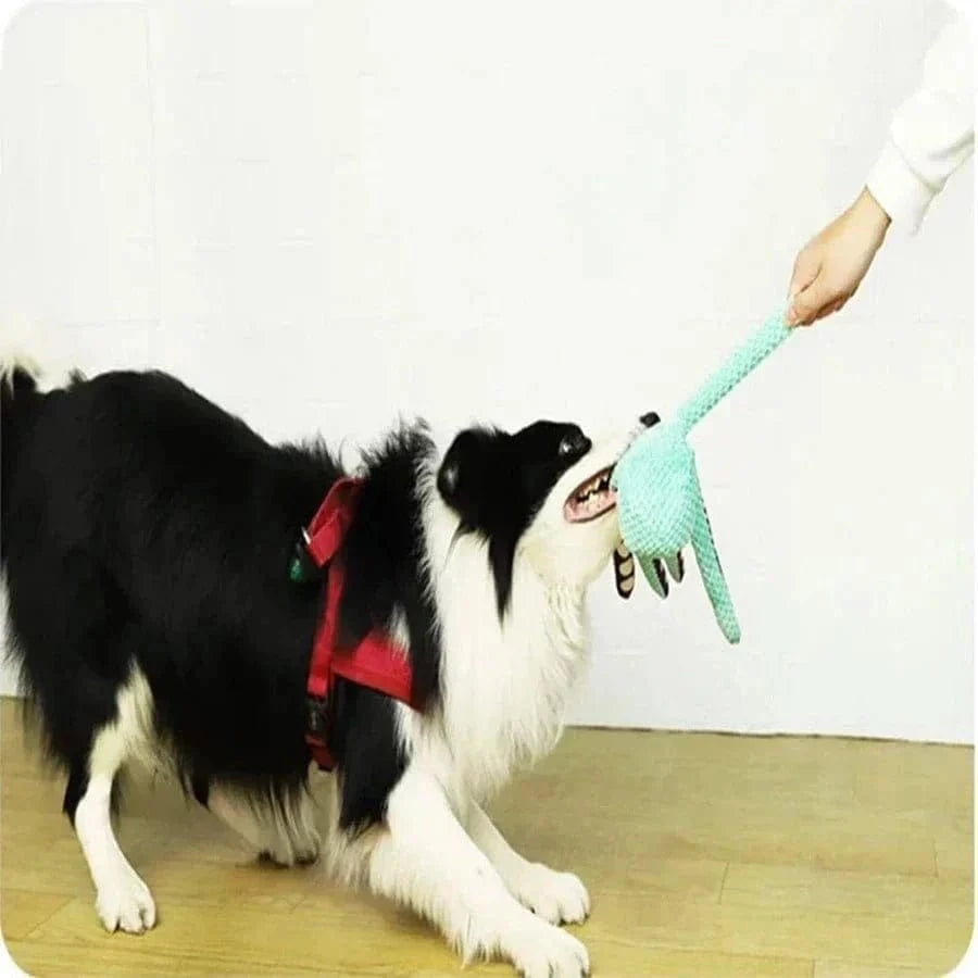Peluche pieuvre noire et blanche avec un chien qui tira sur un jouet vert
