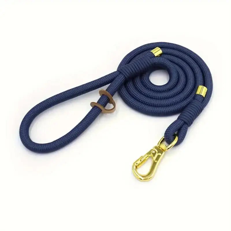 Laisse en corde pour chien en nylon tressé navy avec accessoires pour chien en or