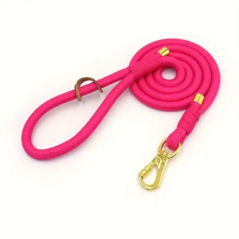 Laisse en corde pour chien rose avec ferrures dorées, idéale pour promenade chien