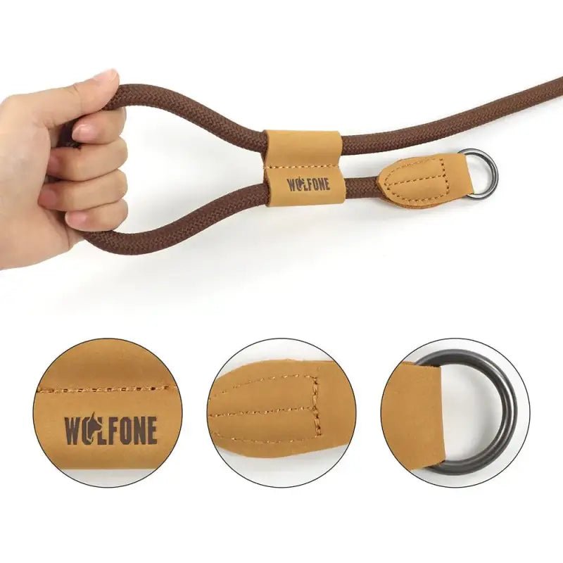 Laisse pour chien mains libres Wolfone 1,8 m avec corde marron, accents en cuir tan