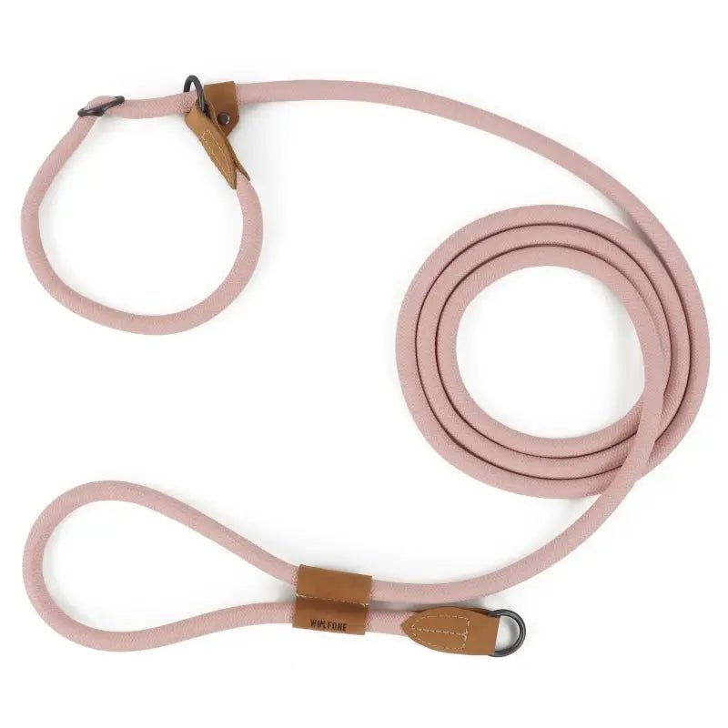 Laisse pour chien wolfone en mode mains libres avec corde rose et accents en cuir marron