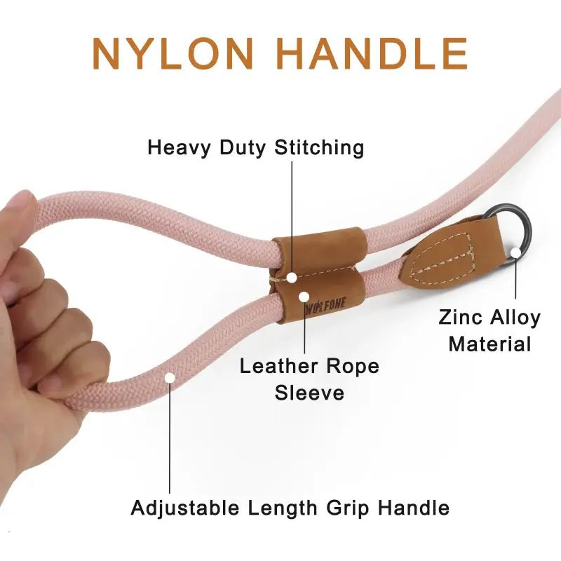 Laisse pour chien Wolfone mains libres en nylon rose avec accents en cuir et anneau métal