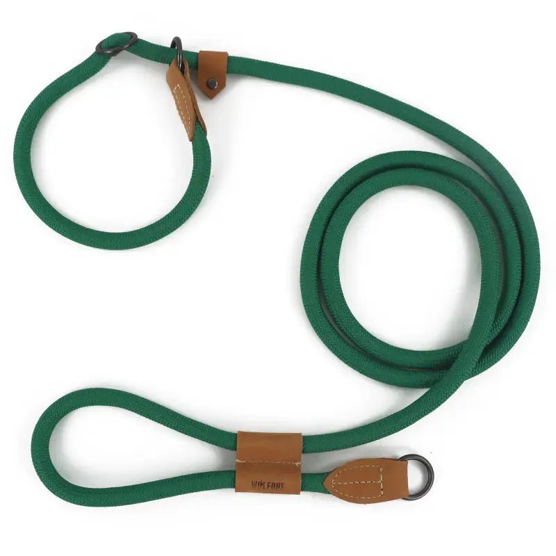 Laisse pour chien Wolfone mains libres avec corde verte et accents en cuir marron