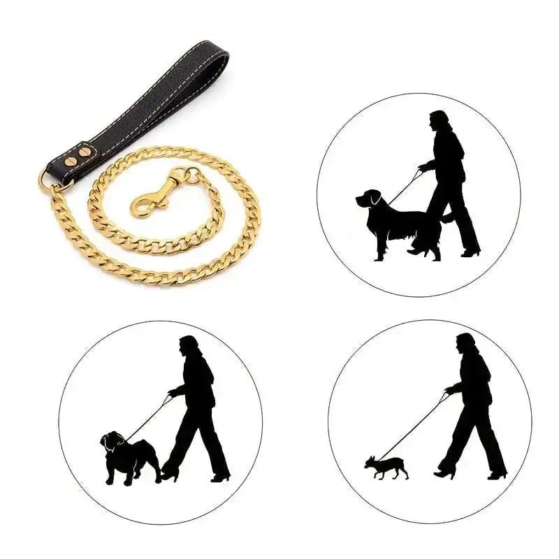 Laisse pour chien musclé en métal et cuir 120 cm avec poignée en cuir, silhouettes de promenade