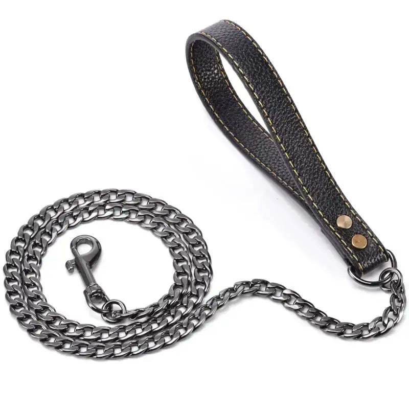 Laisse pour chien puissant en métal et cuir avec poignée en cuir, 120 cm