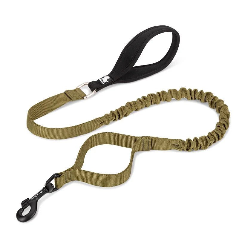 Laisse pour chien olive verte avec poignée noire, anti-choc et élastique pour confort