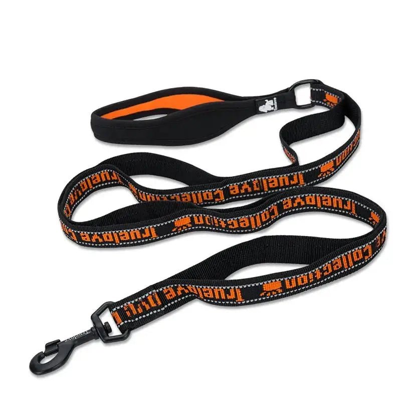 Laisse pour chien TrueLove réfléchissantes avec poignées multiples, noir et orange, couture réfléchissante