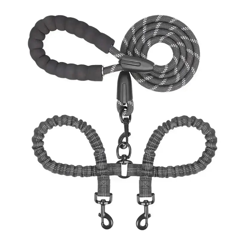 Laisse double pour chien gris avec poignée confort, idéale pour laisse pour deux chiens