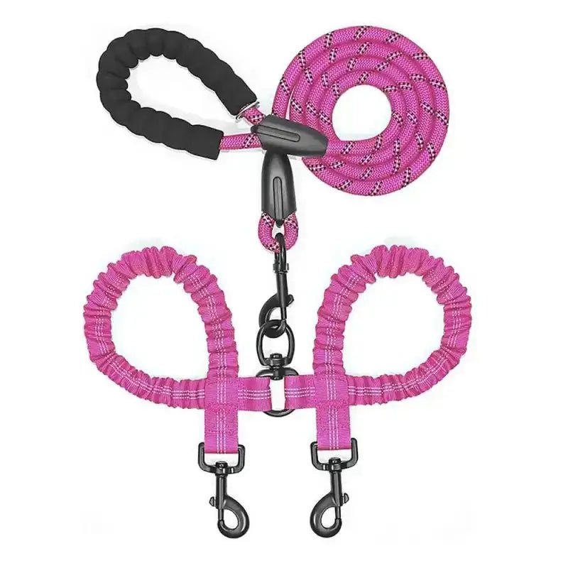 Laisse double pour chien rose anti nœuds avec poignée confort, idéale pour deux chiens