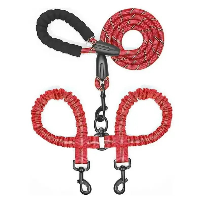 Laisse double pour chien rouge avec poignée rembourrée, idéale pour laisse pour deux chiens