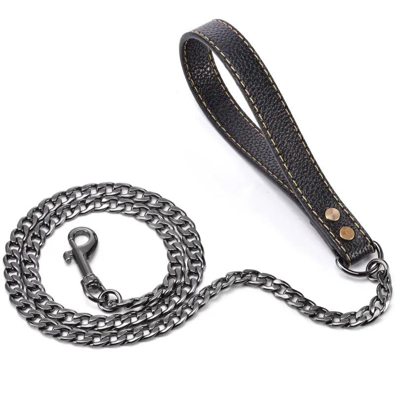 Laisse en Inox avec poignée en cuir 120 cm - Noir - 