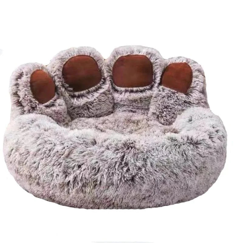 Lit moelleux en coton pour chien moyen avec support optimal, forme de patte en fausse fourrure grise