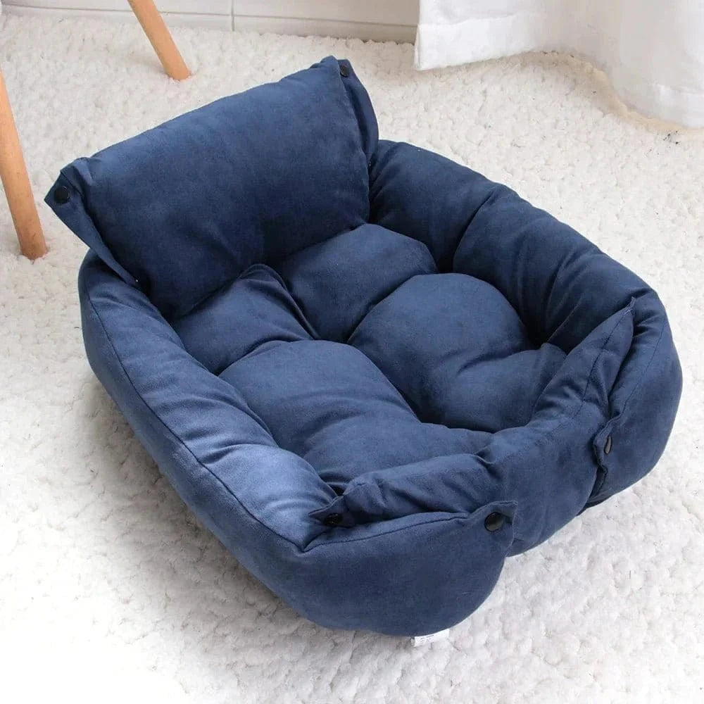 Lit multifonction bleu avec couverture amovible, parfait pour petites à moyennes pets