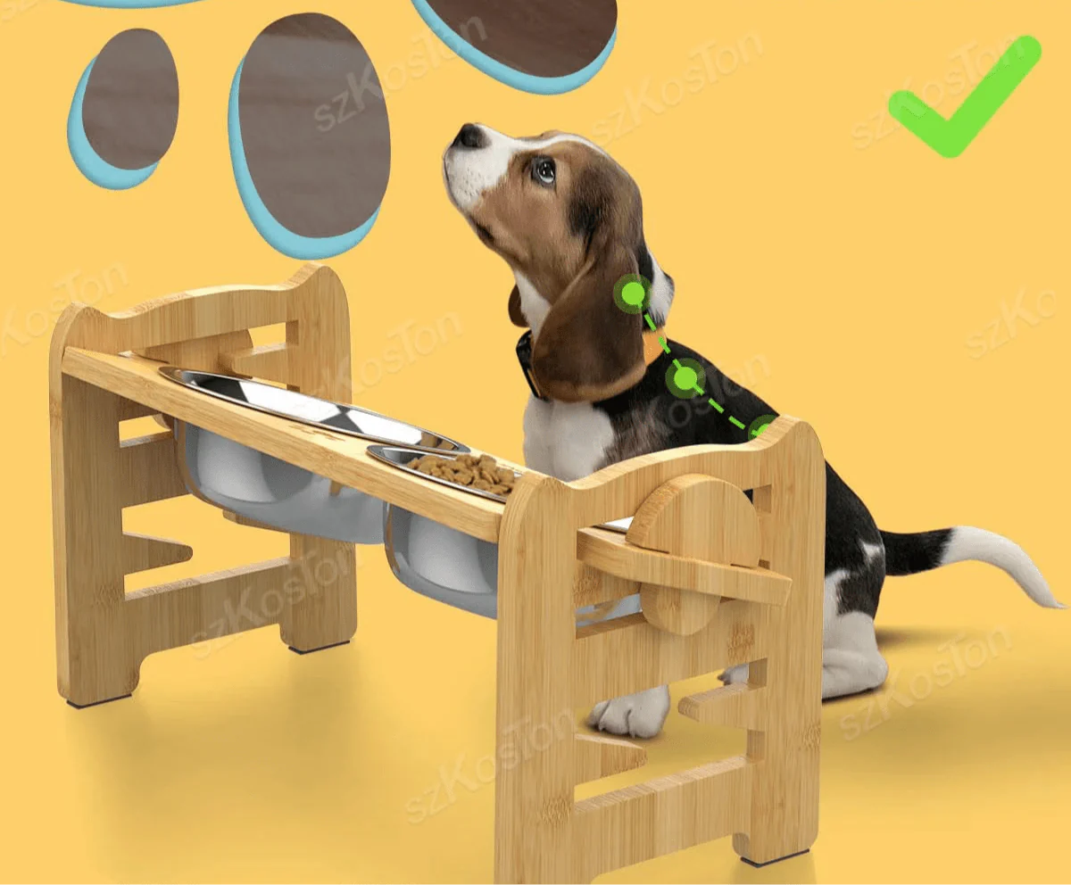 Mangeoire Réglable en Bambou avec bol surélevé en acier inoxydable pour petits chiens