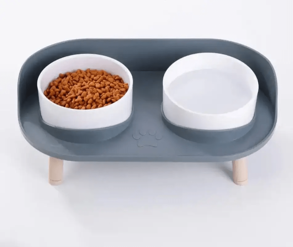 Photo d’une mangeoire design surélevée pour chien intérieur avec deux bols, accessoire pour chien moderne