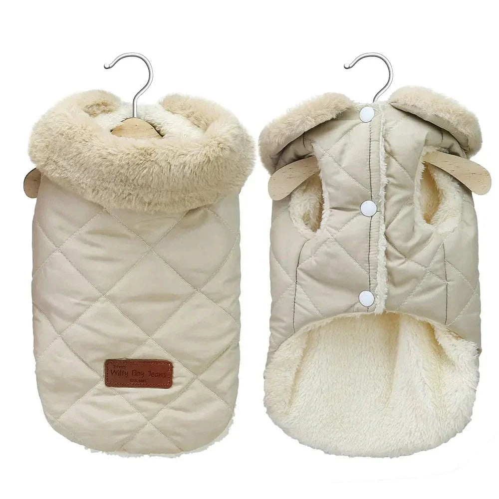 Veste pour petits chiens en coton épais beige avec col en fourrure, manteau chaud