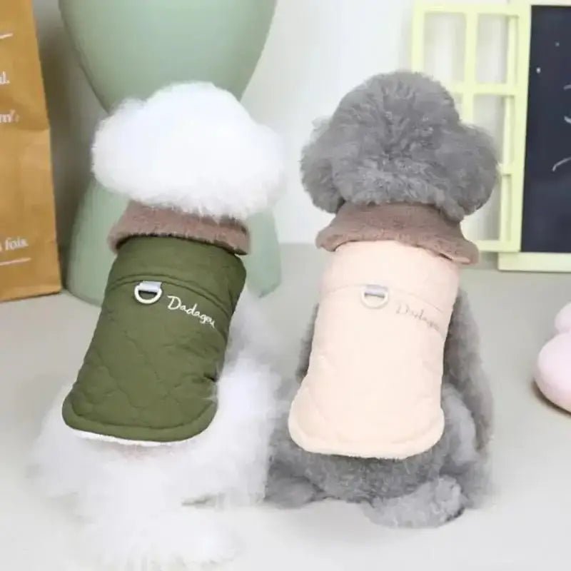 Deux chiens portant un manteau matelassé pour chien hiver chaud et élégant avec col en fourrure