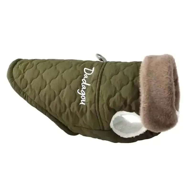 Manteau matelassé pour chien hiver vert olive avec col en fourrure, élégant et chaud