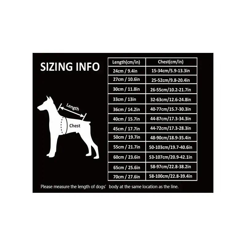 Schéma de taille pour chien Truelove Snow avec mesures de longueur et de poitrine