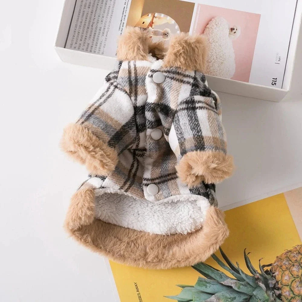 Plaid manteau à carreaux doublé pour chien avec faux fur, offrez chaleur à votre toutou