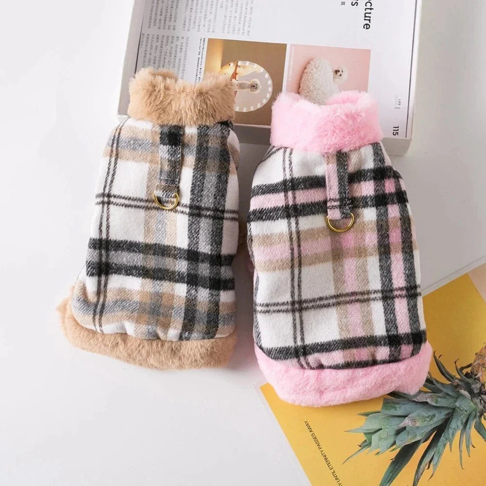 Deux manteau à carreaux doublé pour chien avec trime en fourrure, offrez chaleur