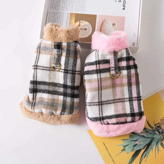Deux manteau à carreaux doublé pour chien avec trime en fourrure, offrez chaleur