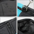 Close-up du sac rembourré noir et bleu avec zippers et ferrures, accessoire pour chien