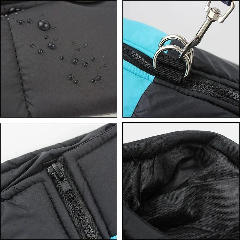 Close-up du sac noir et bleu avec fermeture éclair pour manteau imperméable hiver