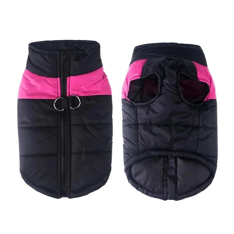 Manteau imperméable hiver pour golden retriever avec fermeture éclair et puffer noir et rose