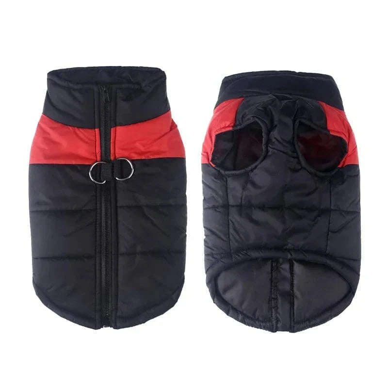 Dog puffer vest noir et rouge pour golden retriever avec fermeture éclair, manteau imperméable hiver