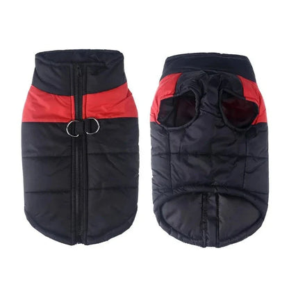 Dog puffer vest noir et rouge pour golden retriever avec fermeture éclair, manteau imperméable hiver