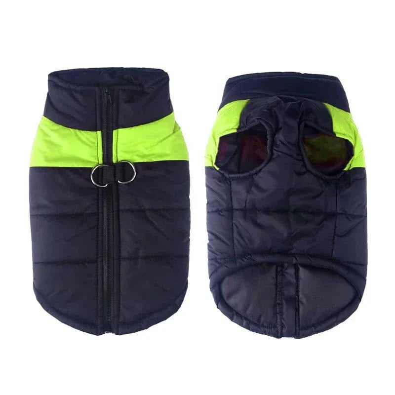 Puffer vest noir et vert neon pour golden retriever avec fermeture éclair, manteau imperméable hiver