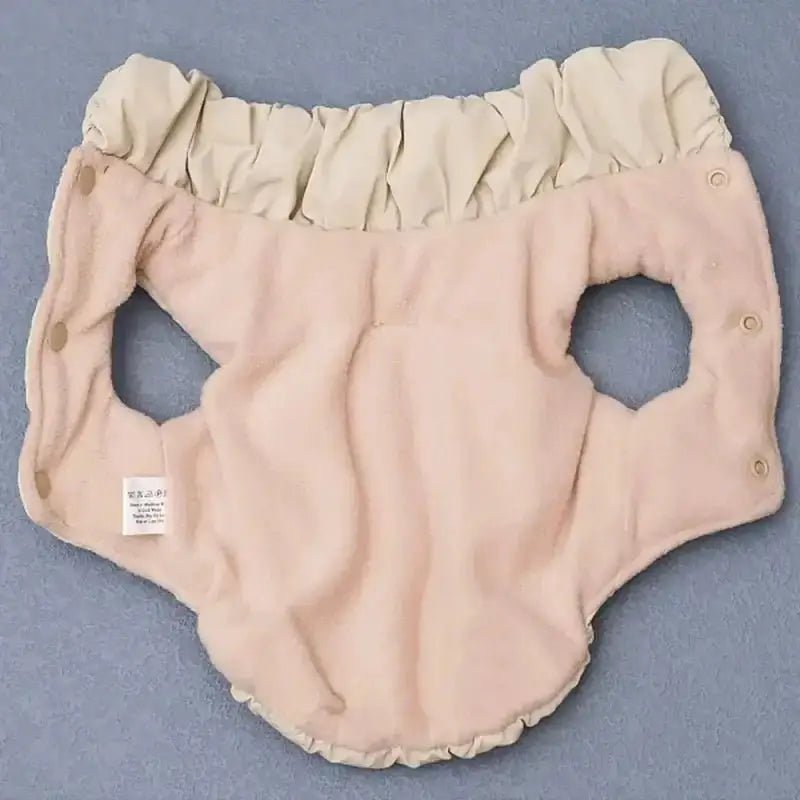 Diaper pour chien beige avec taille élastique, idéal avec le manteau matelassé pour petit chien hiver