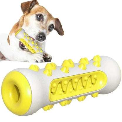 Dog qui mâche un jouet à mâcher en caoutchouc avec accents jaunes, adapté aux chiots