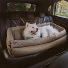 Image d un chien dans un panier auto pour chien avec sangles sur siège arrière sécurisé