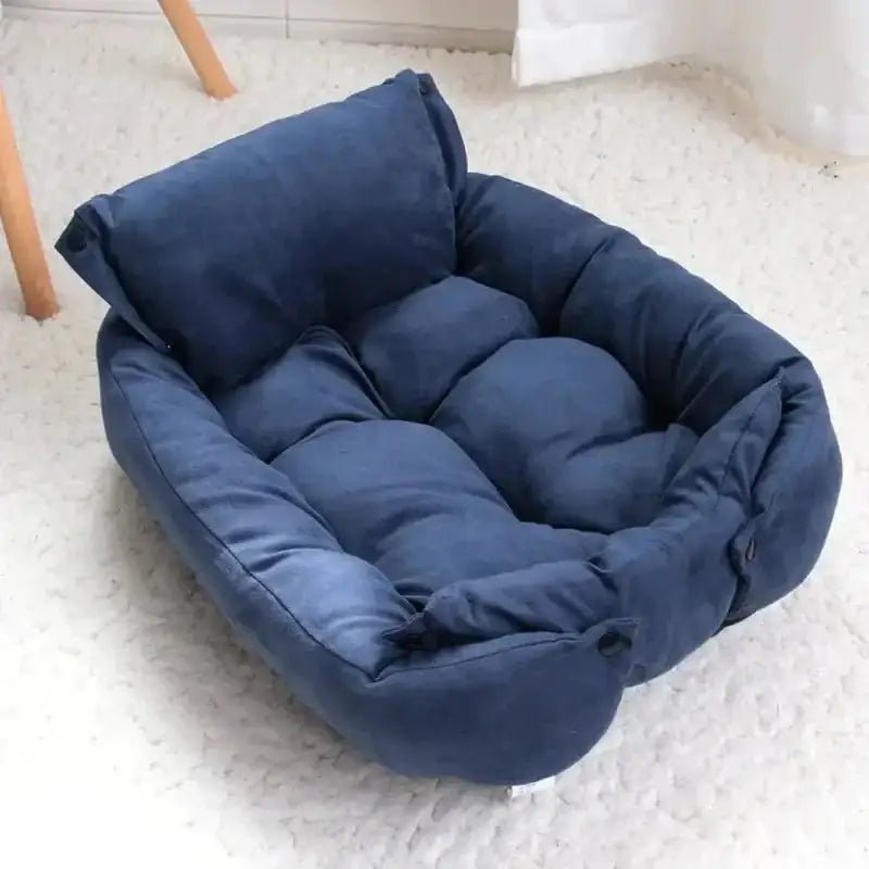 Image d’un panier pour chien avec coussin intégré en plush bleu, confort et relaxation intérieure